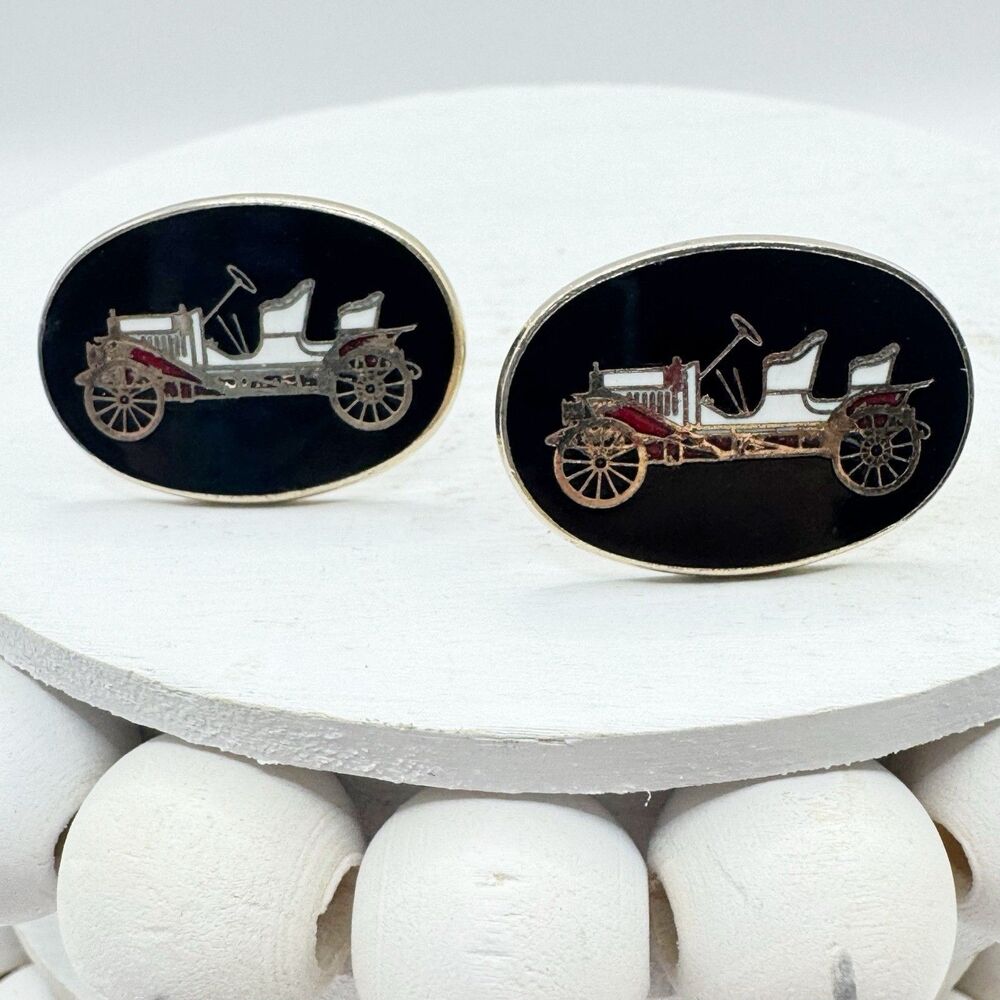 Vintage Enamel Antique Car Oval Men’s Cufflinks Fancy Black
